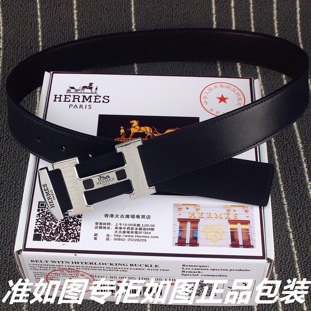 Luxury Hermes Men's Black Leather Belt with Silver H Buckle