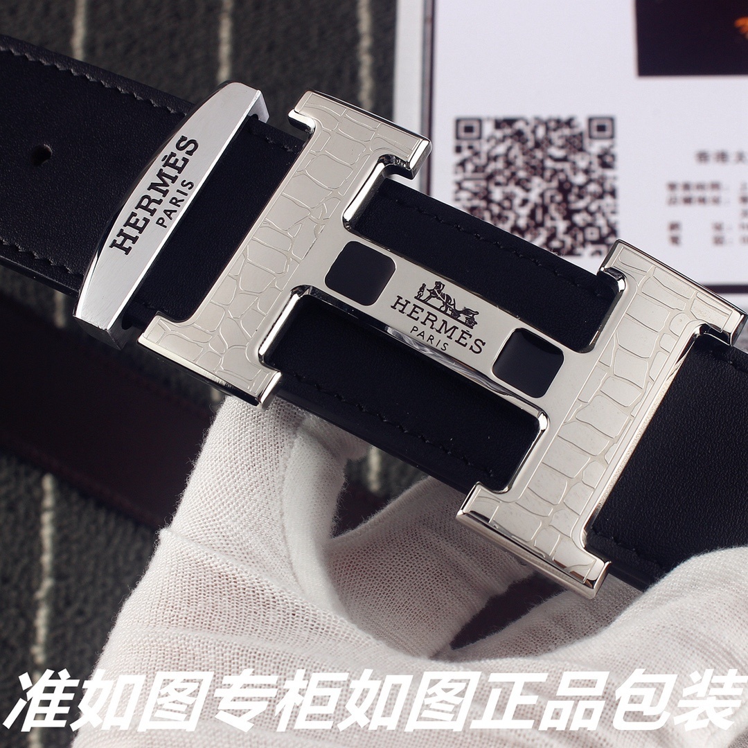Luxury Hermes Men's Black Leather Belt with Silver H Buckle