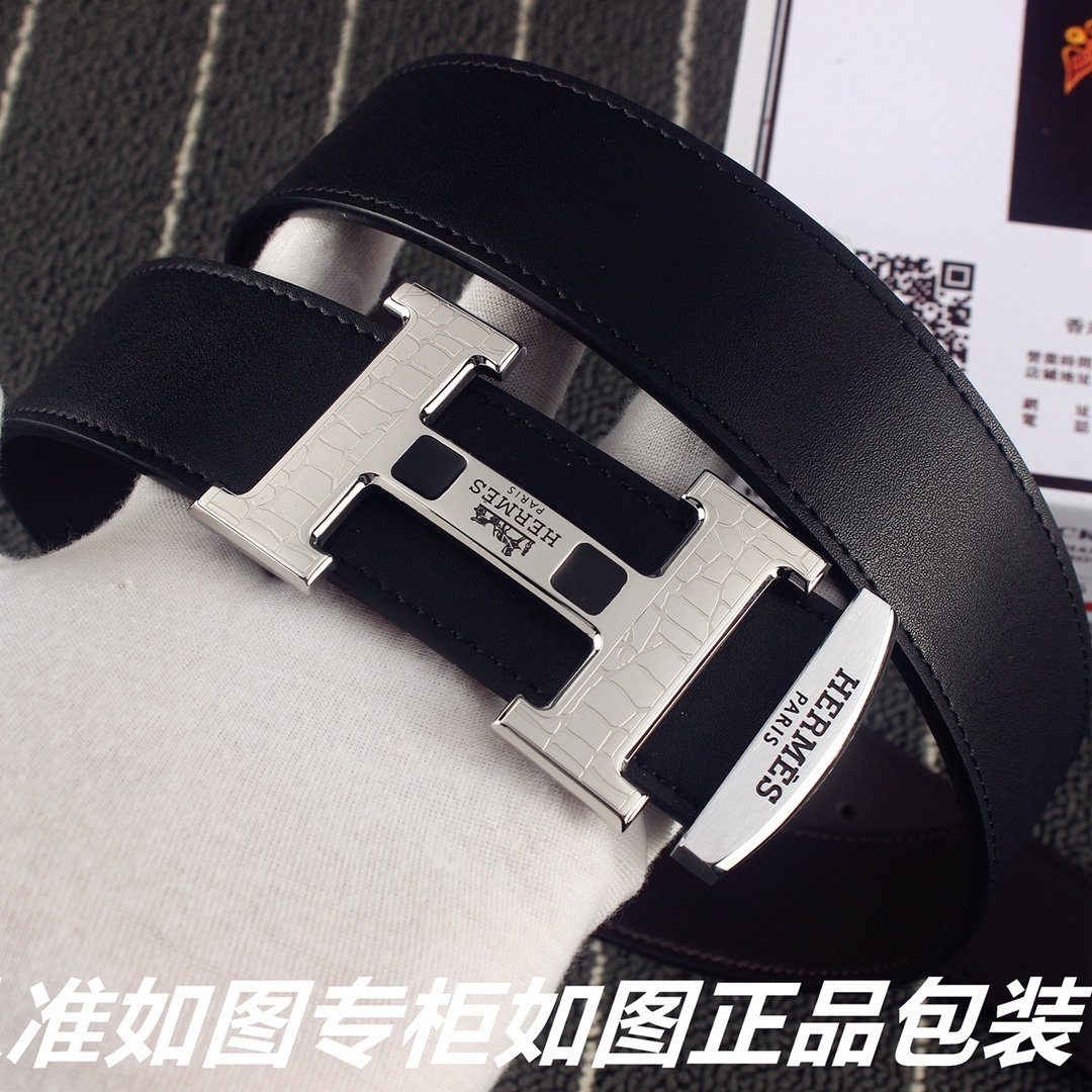 Luxury Hermes Men's Black Leather Belt with Silver H Buckle