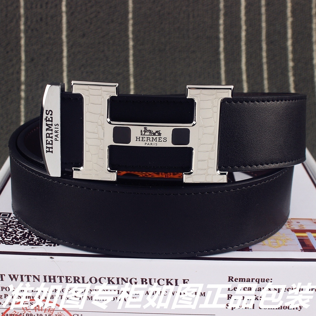 Luxury Hermes Men's Black Leather Belt with Silver H Buckle