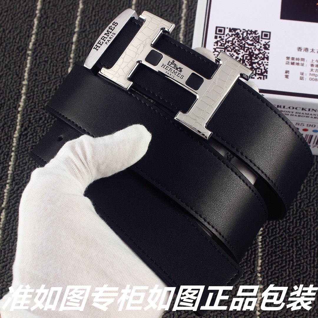 Luxury Hermes Men's Black Leather Belt with Silver H Buckle