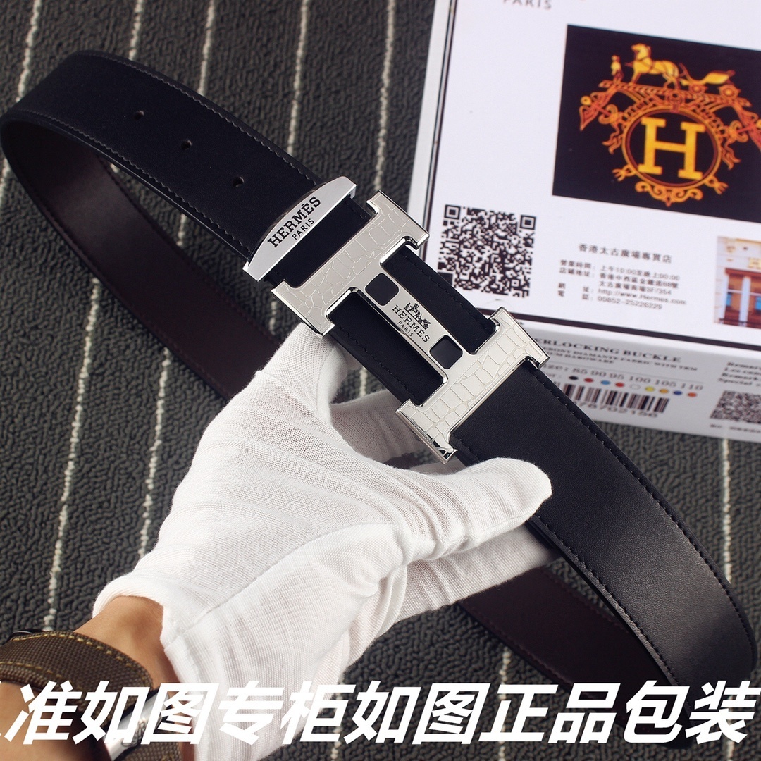Luxury Hermes Men’s Black Leather Belt with Silver H Buckle