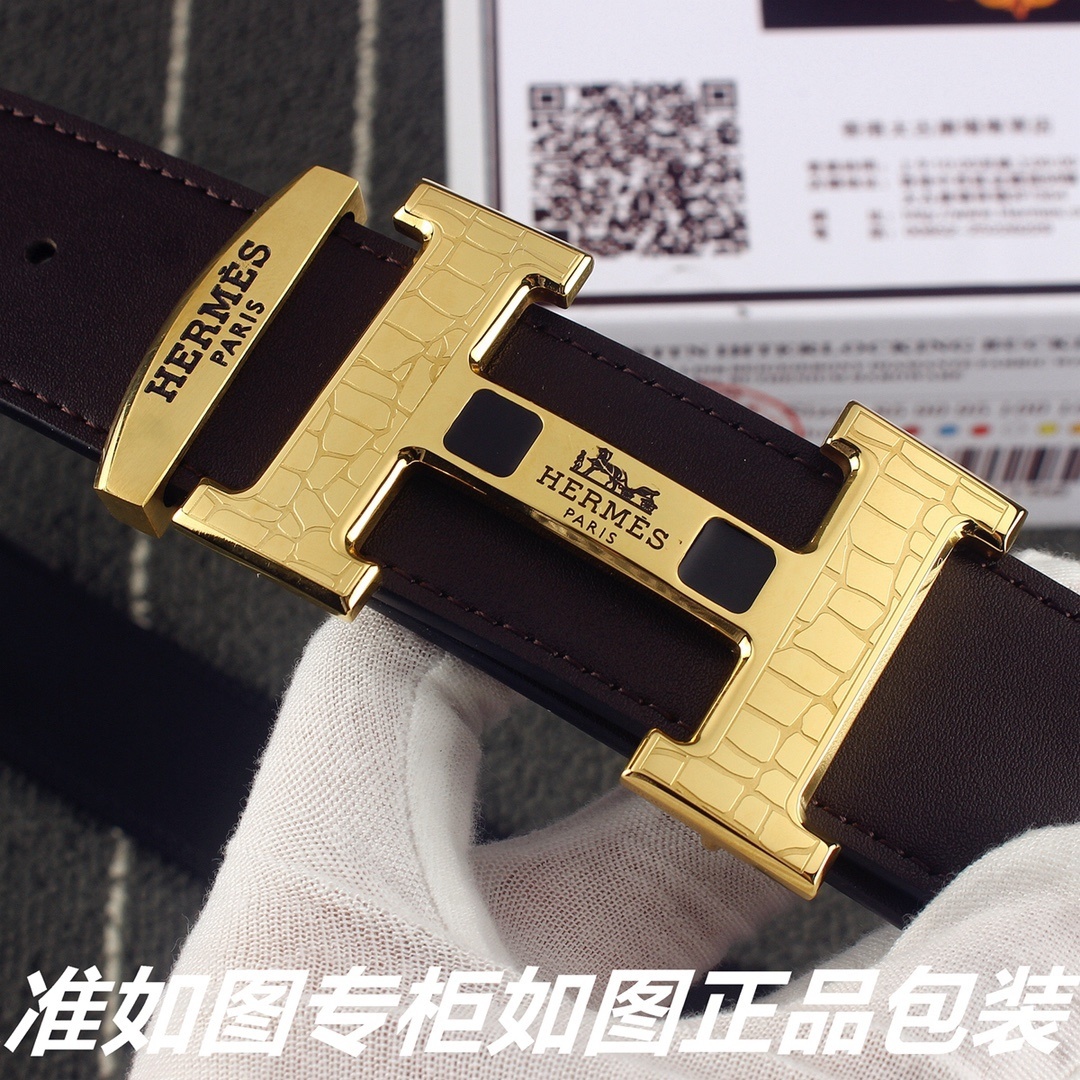Hermes Men's Luxury Brown Leather Belt with Gold Textured H Buckle