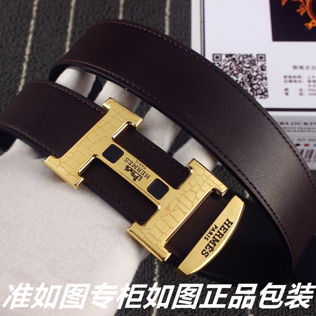 Hermes Men's Luxury Brown Leather Belt with Gold Textured H Buckle