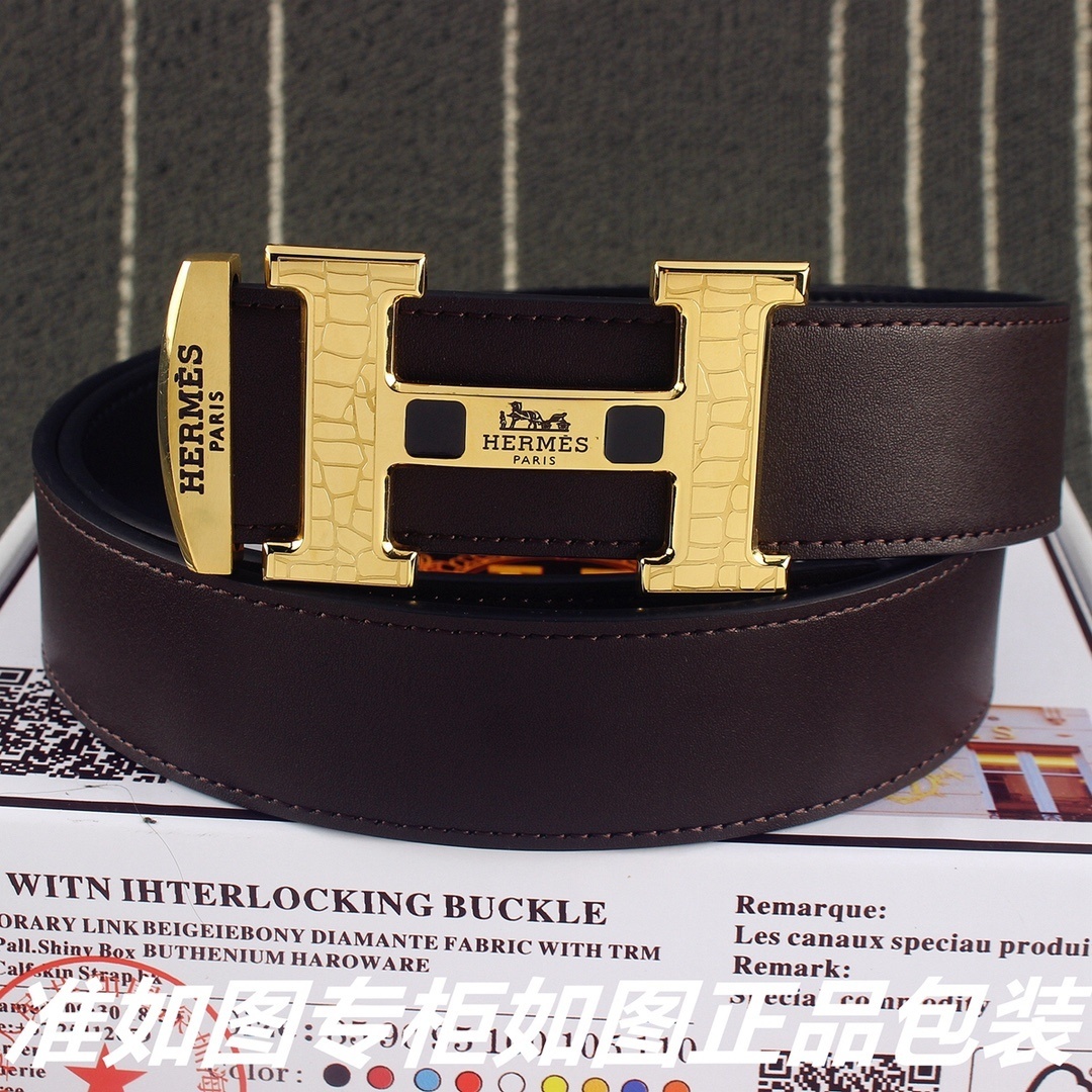 Hermes Men's Luxury Brown Leather Belt with Gold Textured H Buckle