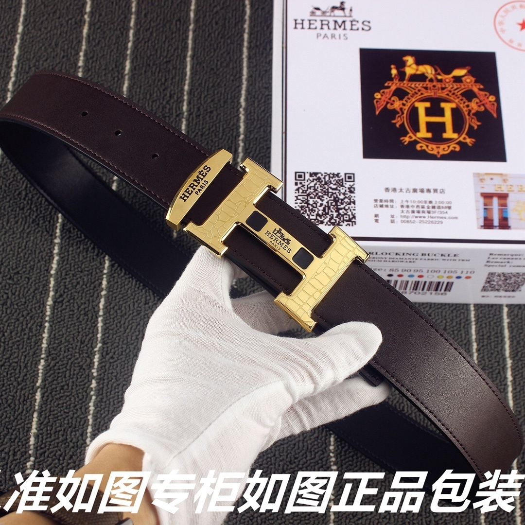 Hermes Men’s Luxury Brown Leather Belt with Gold Textured H Buckle