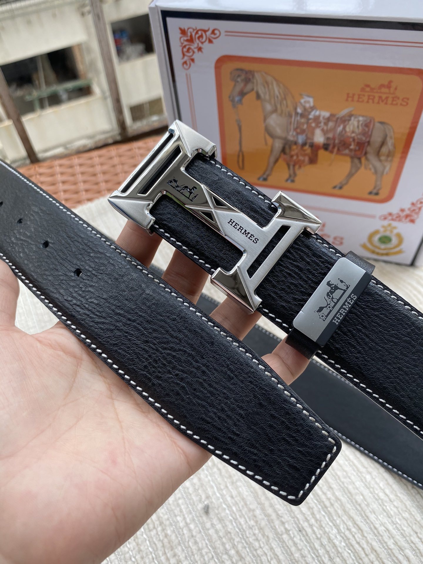 Luxury Men's Hermes Black Leather Belt with Silver H Buckle