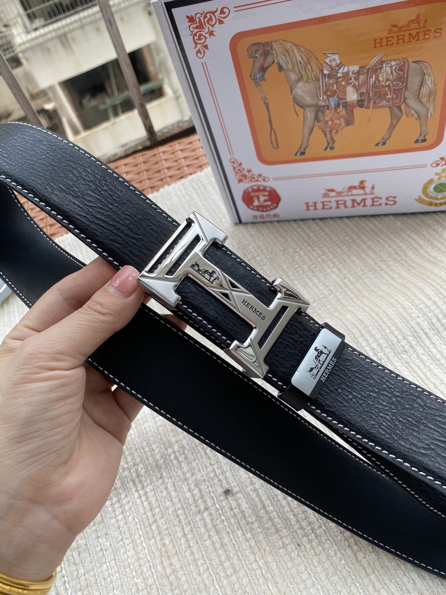 Luxury Men's Hermes Black Leather Belt with Silver H Buckle