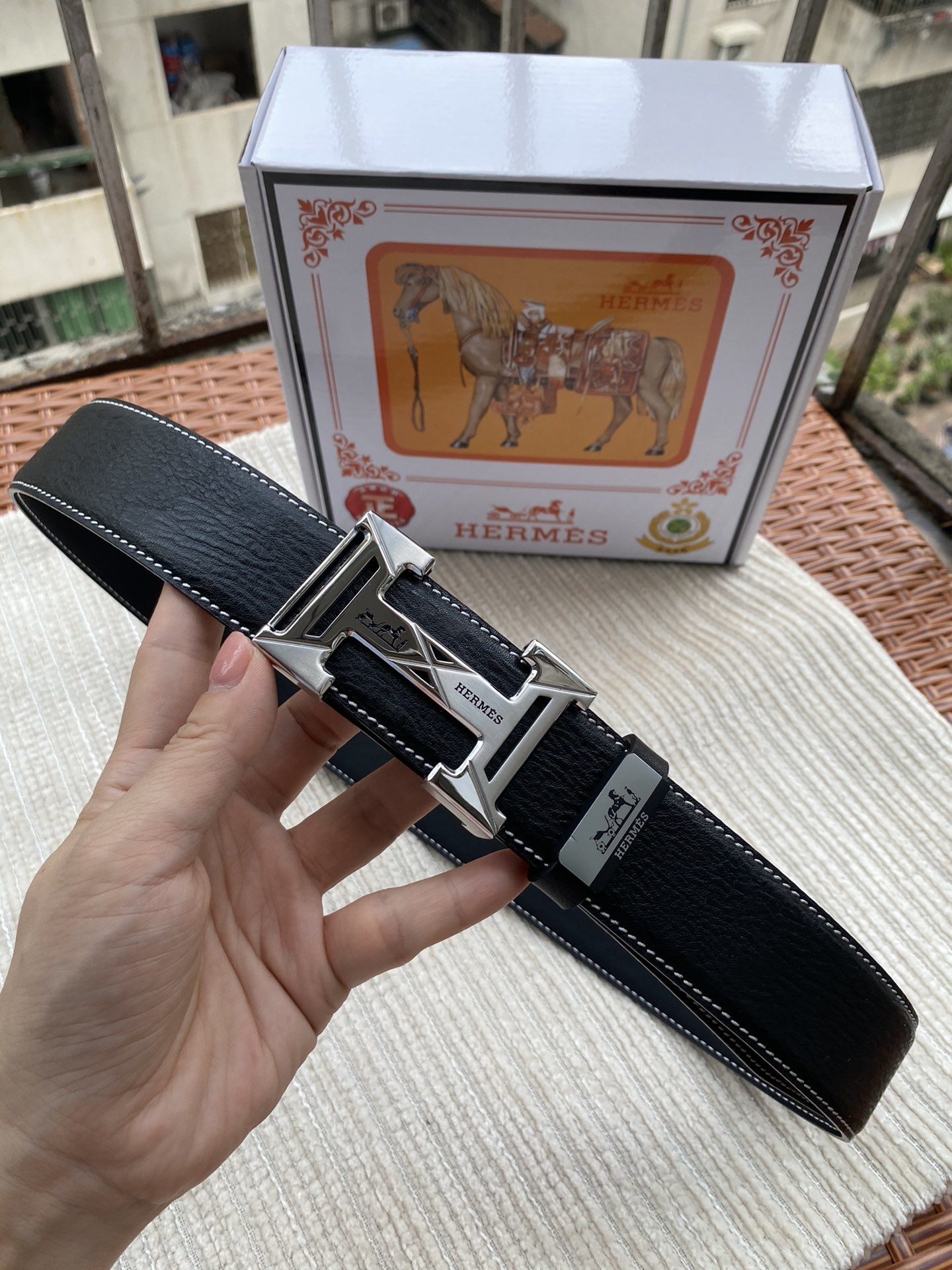 Luxury Men's Hermes Black Leather Belt with Silver H Buckle