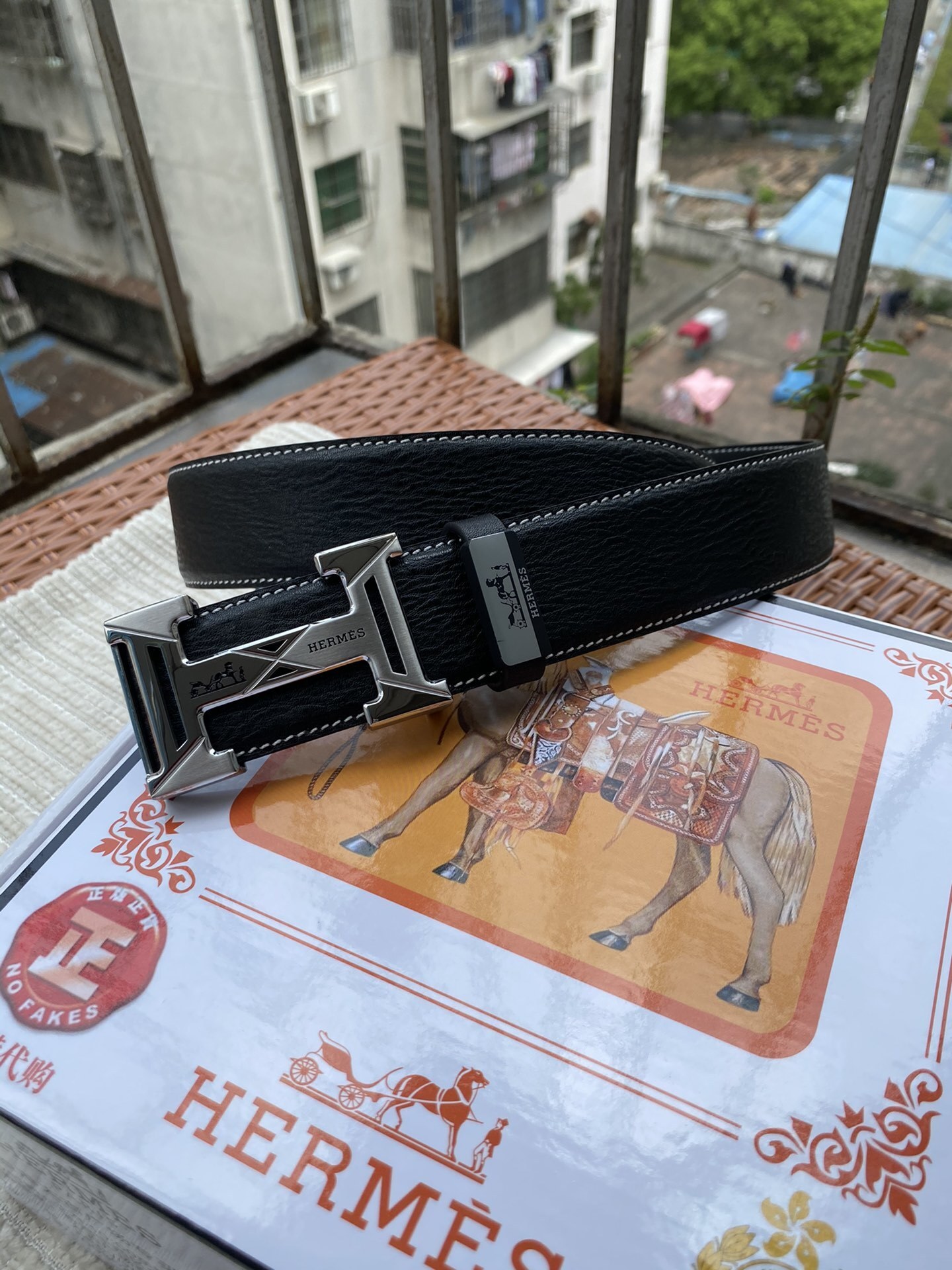 Luxury Men's Hermes Black Leather Belt with Silver H Buckle