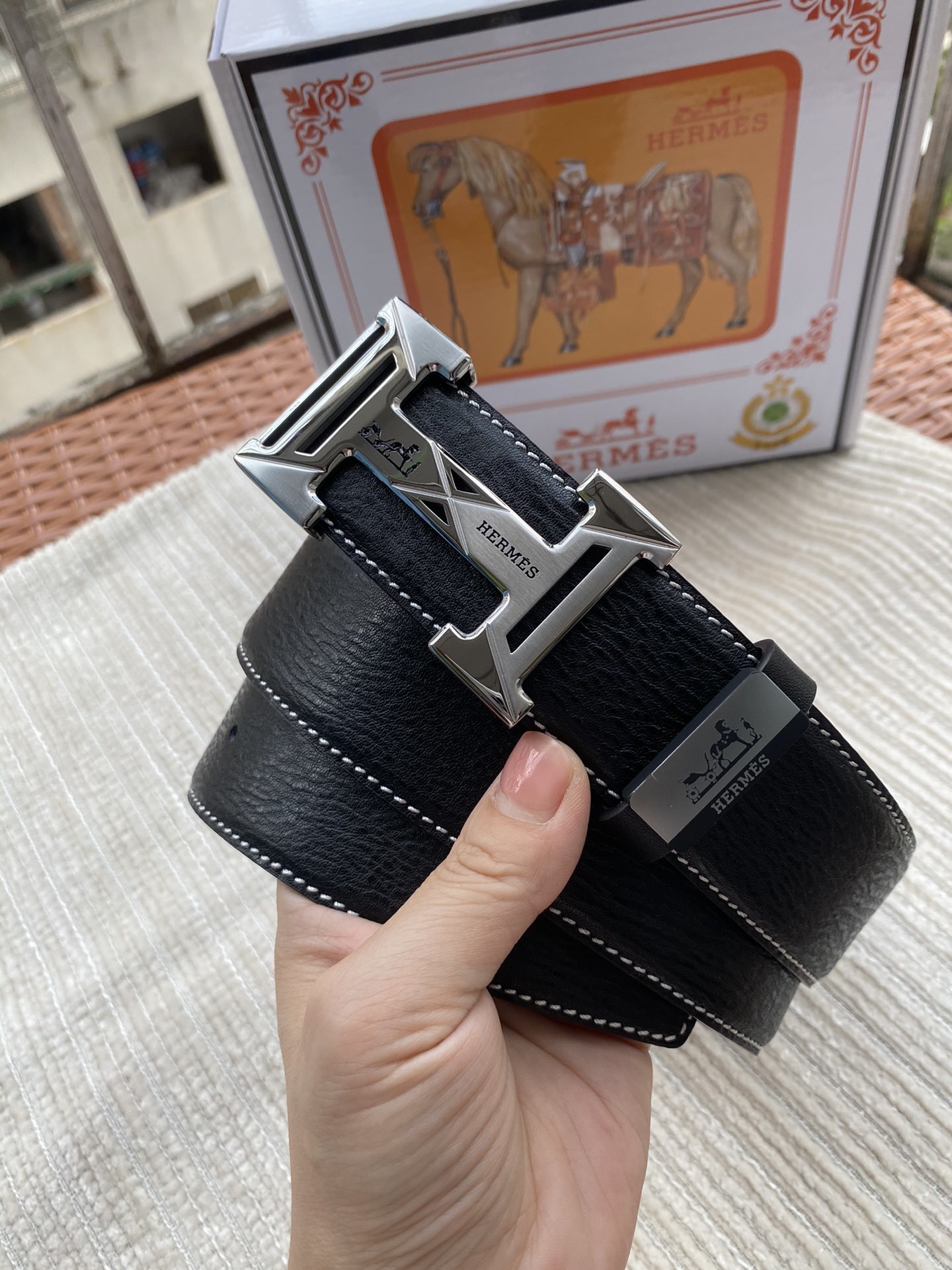 Luxury Men’s Hermes Black Leather Belt with Silver H Buckle