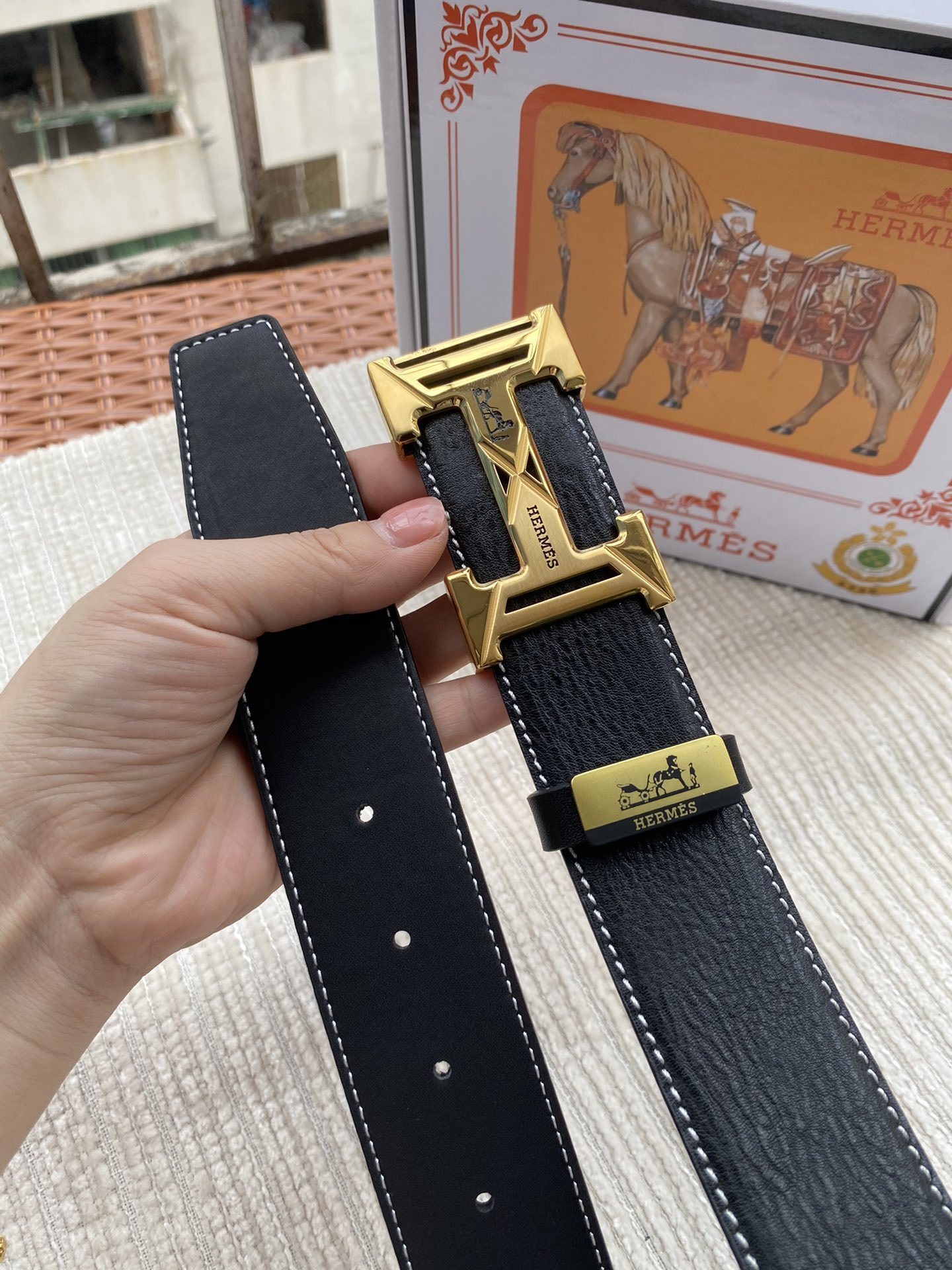 Hermès Black Leather Belt with Iconic Gold H Buckle for Men