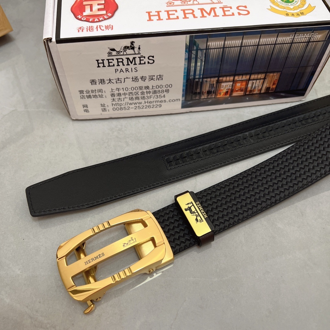 Luxury Hermès Men's Belt - Gold H Buckle Black Textured Leather