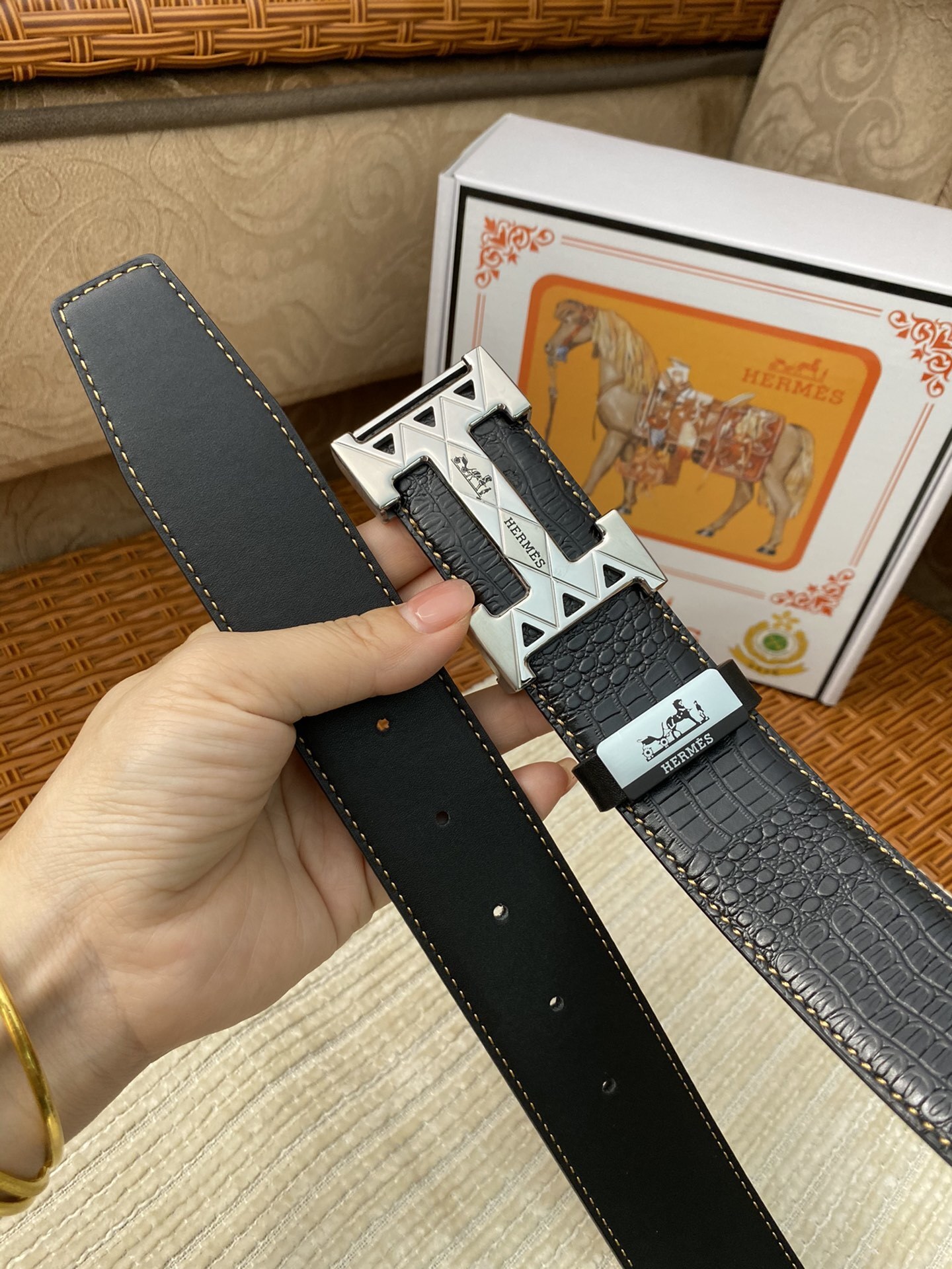 Luxury Men's Black Crocodile Leather Belt with Silver H Buckle