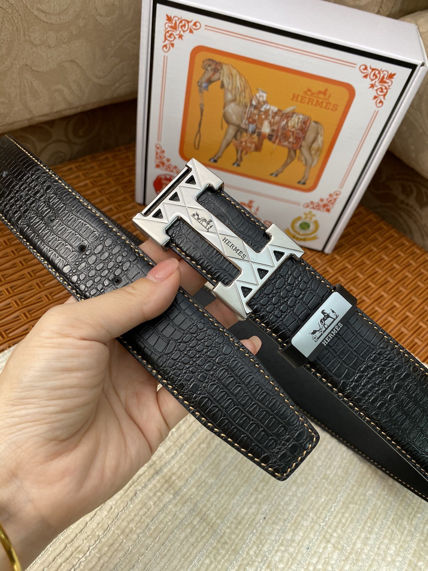 Luxury Men's Black Crocodile Leather Belt with Silver H Buckle