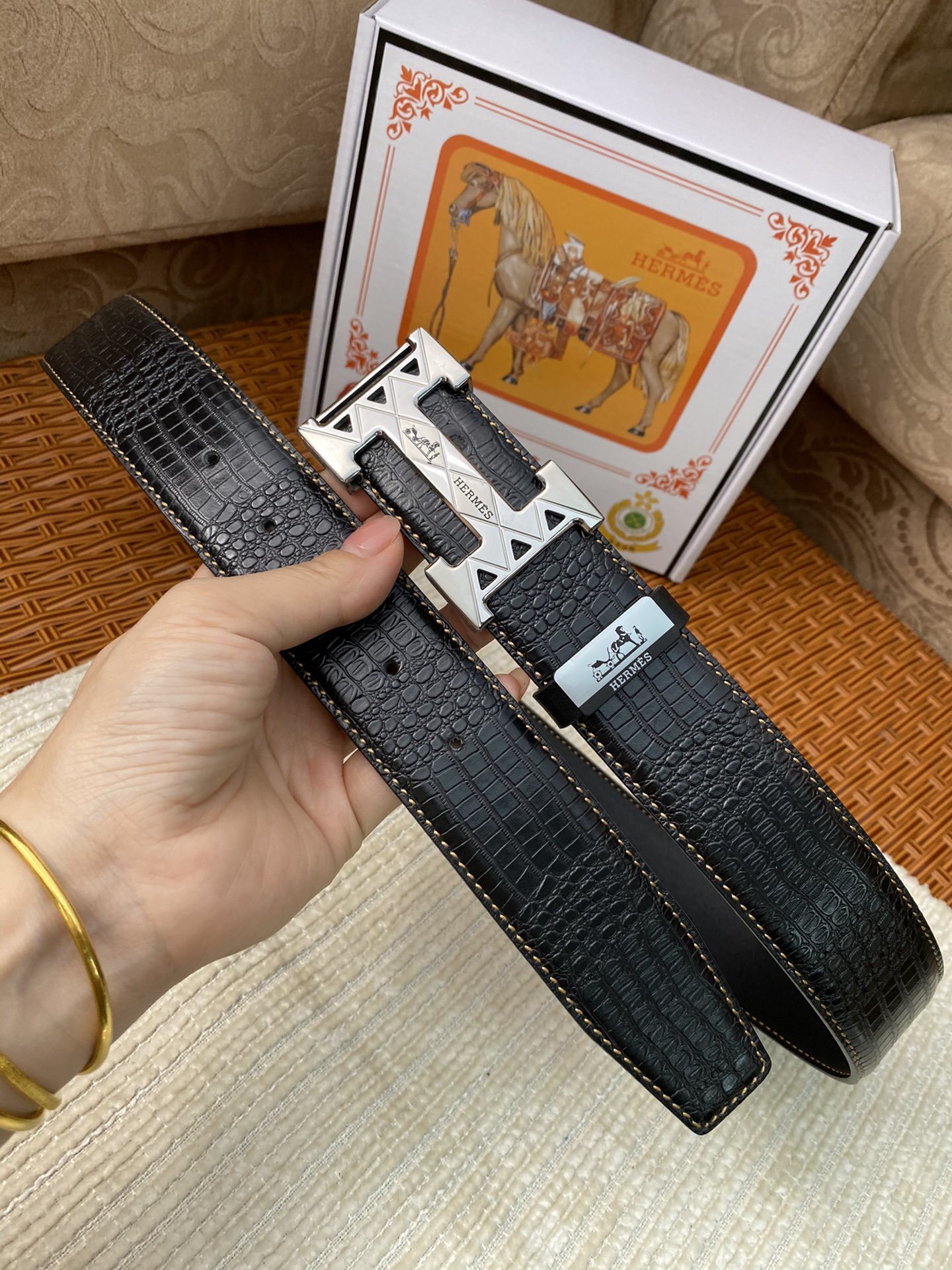 Luxury Men's Black Crocodile Leather Belt with Silver H Buckle