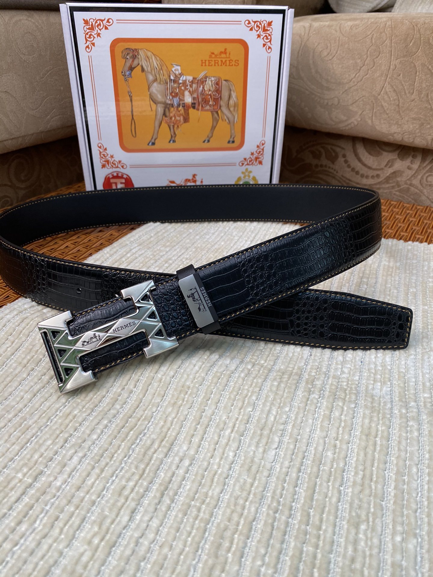 Luxury Men's Black Crocodile Leather Belt with Silver H Buckle