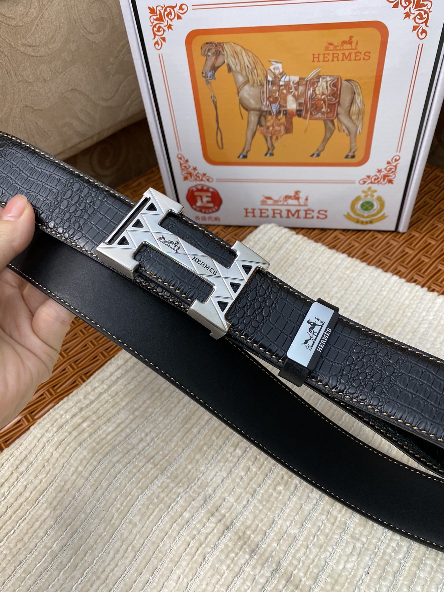Luxury Men's Black Crocodile Leather Belt with Silver H Buckle