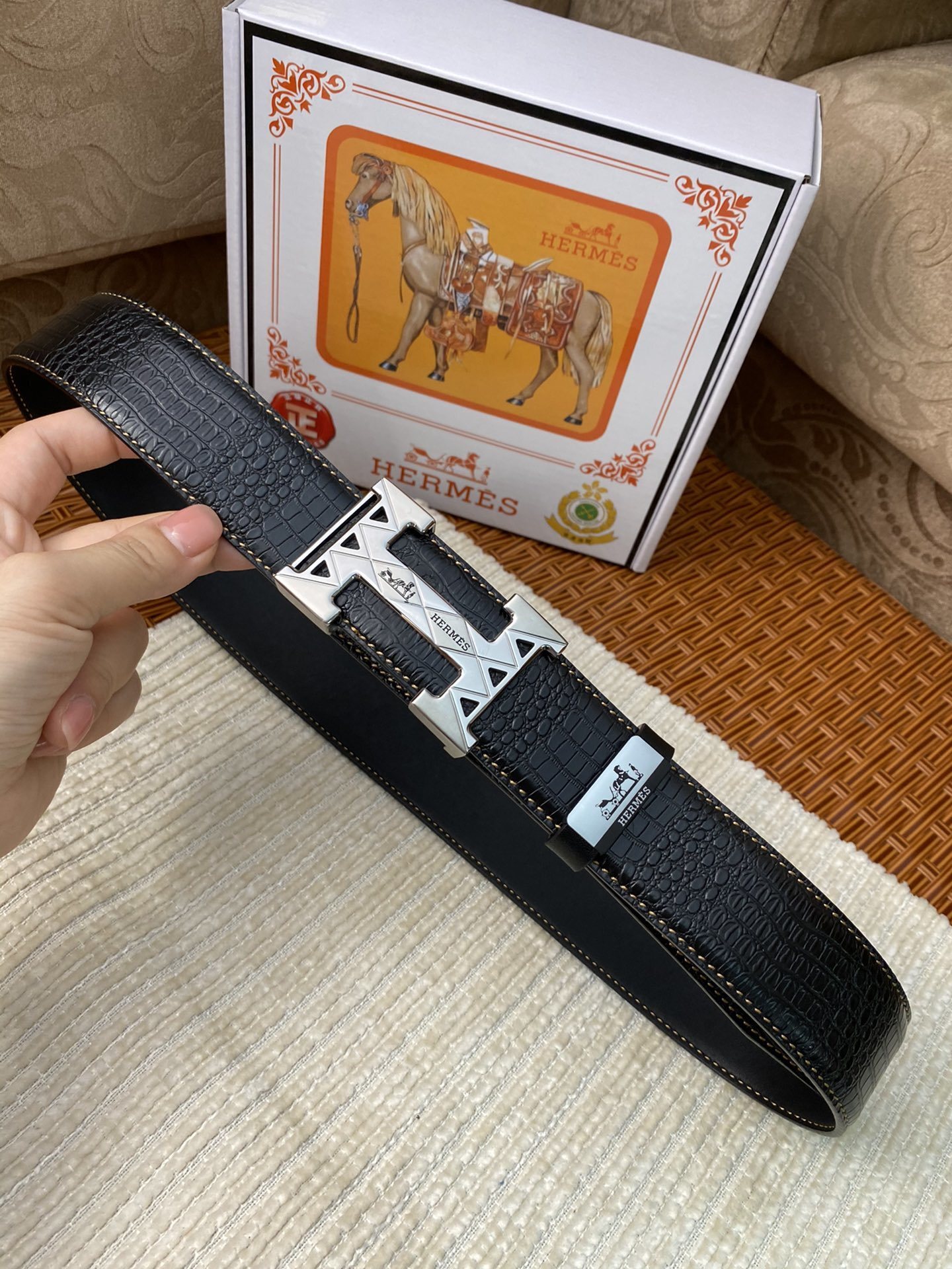 Luxury Men's Black Crocodile Leather Belt with Silver H Buckle