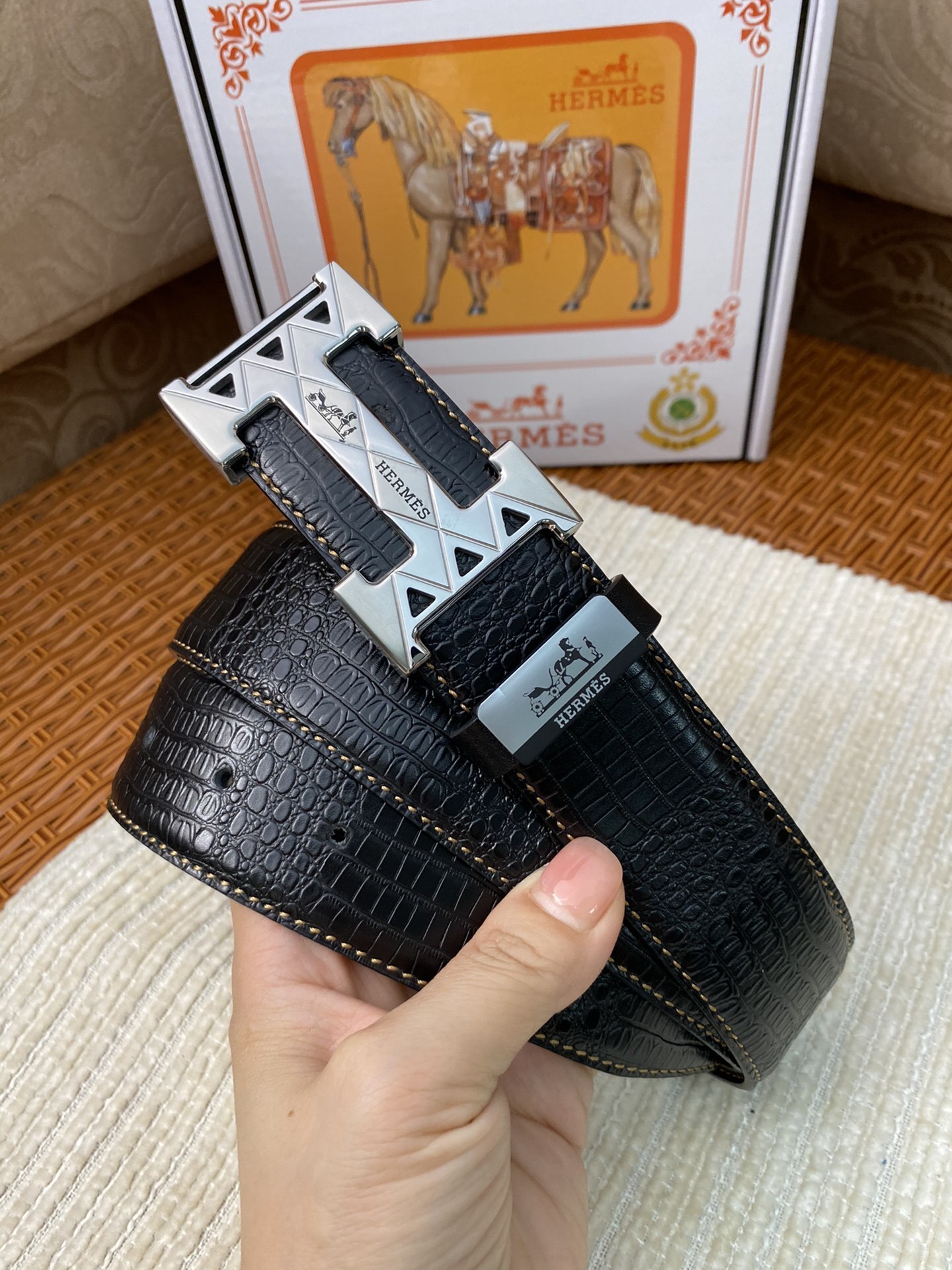 Luxury Men’s Black Crocodile Leather Belt with Silver H Buckle