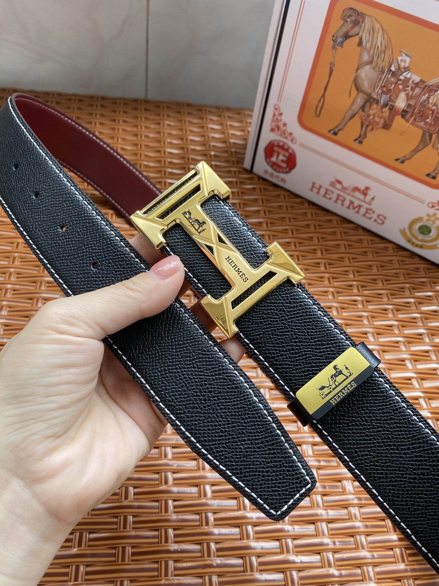 Luxury Hermes Black Leather Belt with Gold H Logo Buckle
