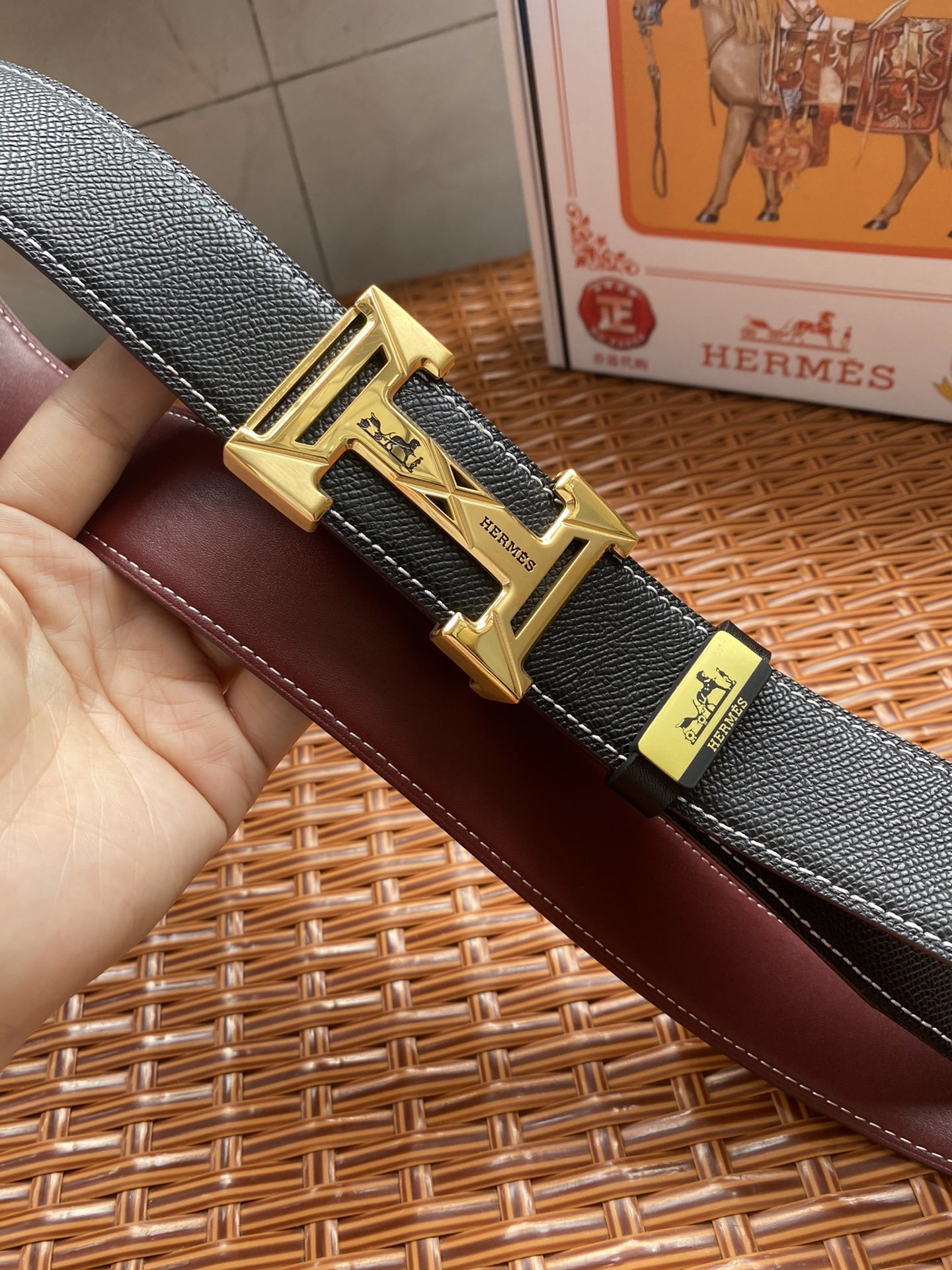 Luxury Hermes Black Leather Belt with Gold H Logo Buckle