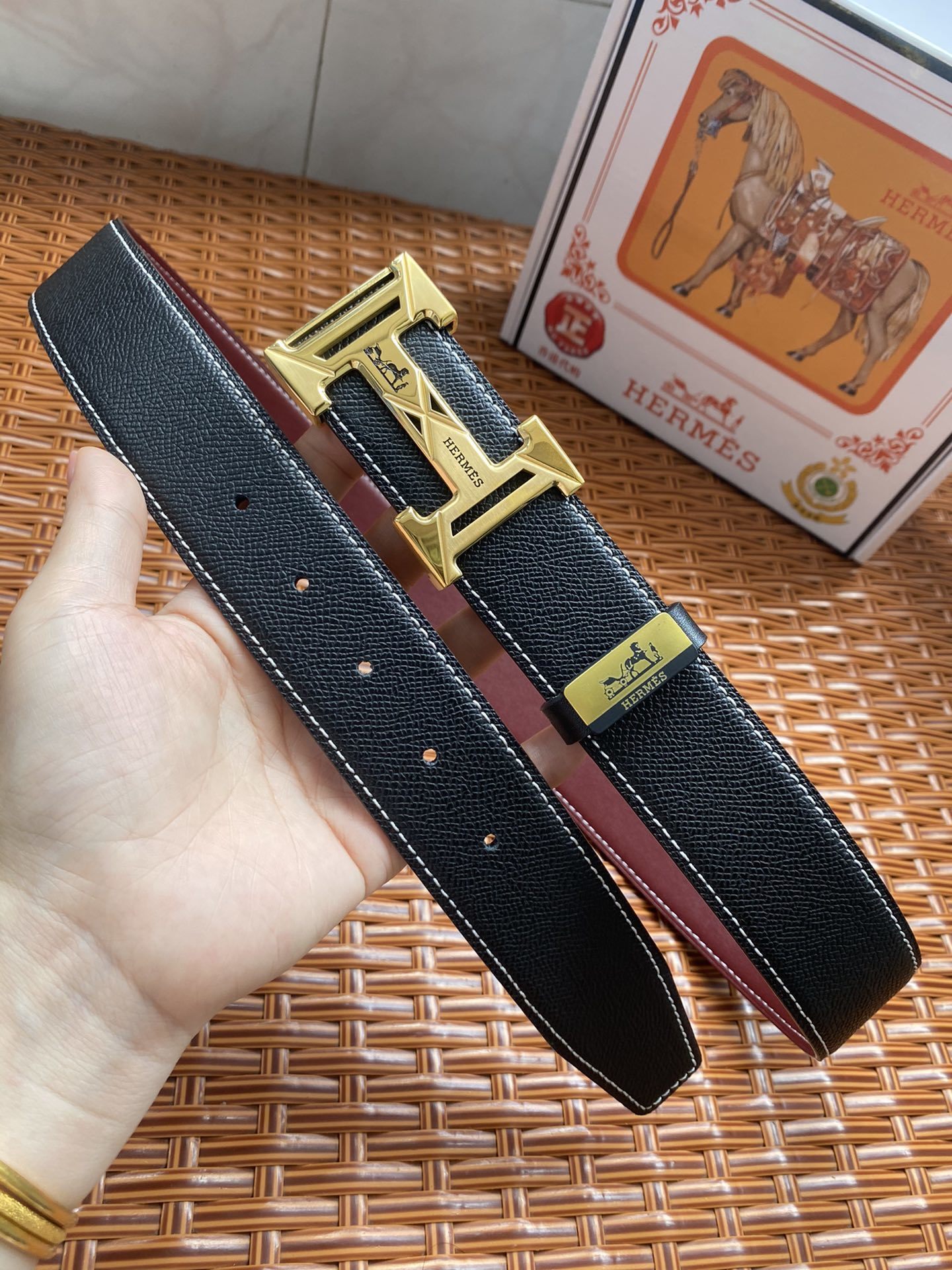 Luxury Hermes Black Leather Belt with Gold H Logo Buckle