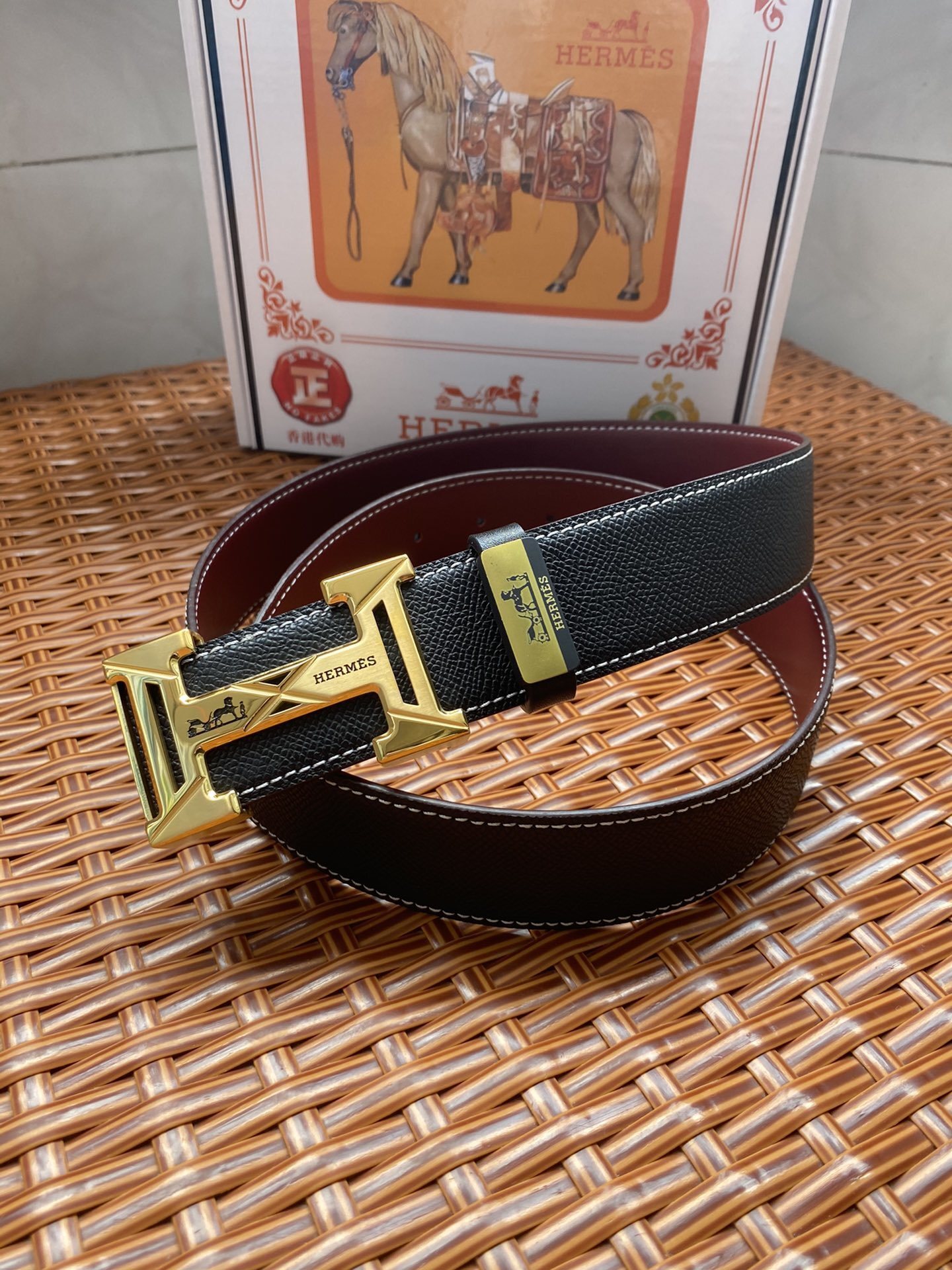 Luxury Hermes Black Leather Belt with Gold H Logo Buckle