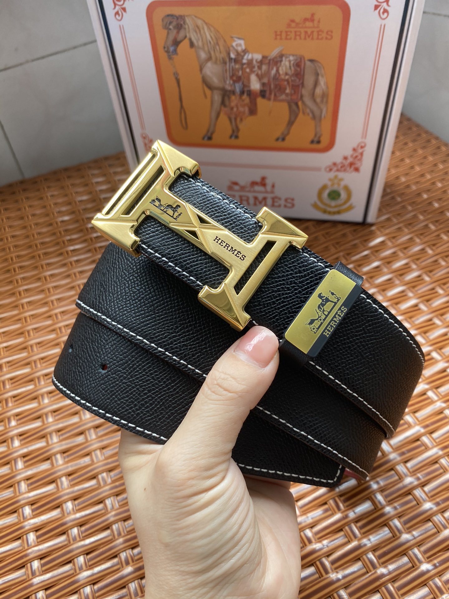 Luxury Hermes Black Leather Belt with Gold H Logo Buckle