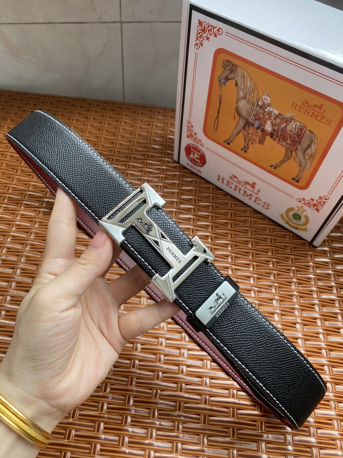 Luxury Men's Black Leather Belt with Silver H Buckle & Gift Box