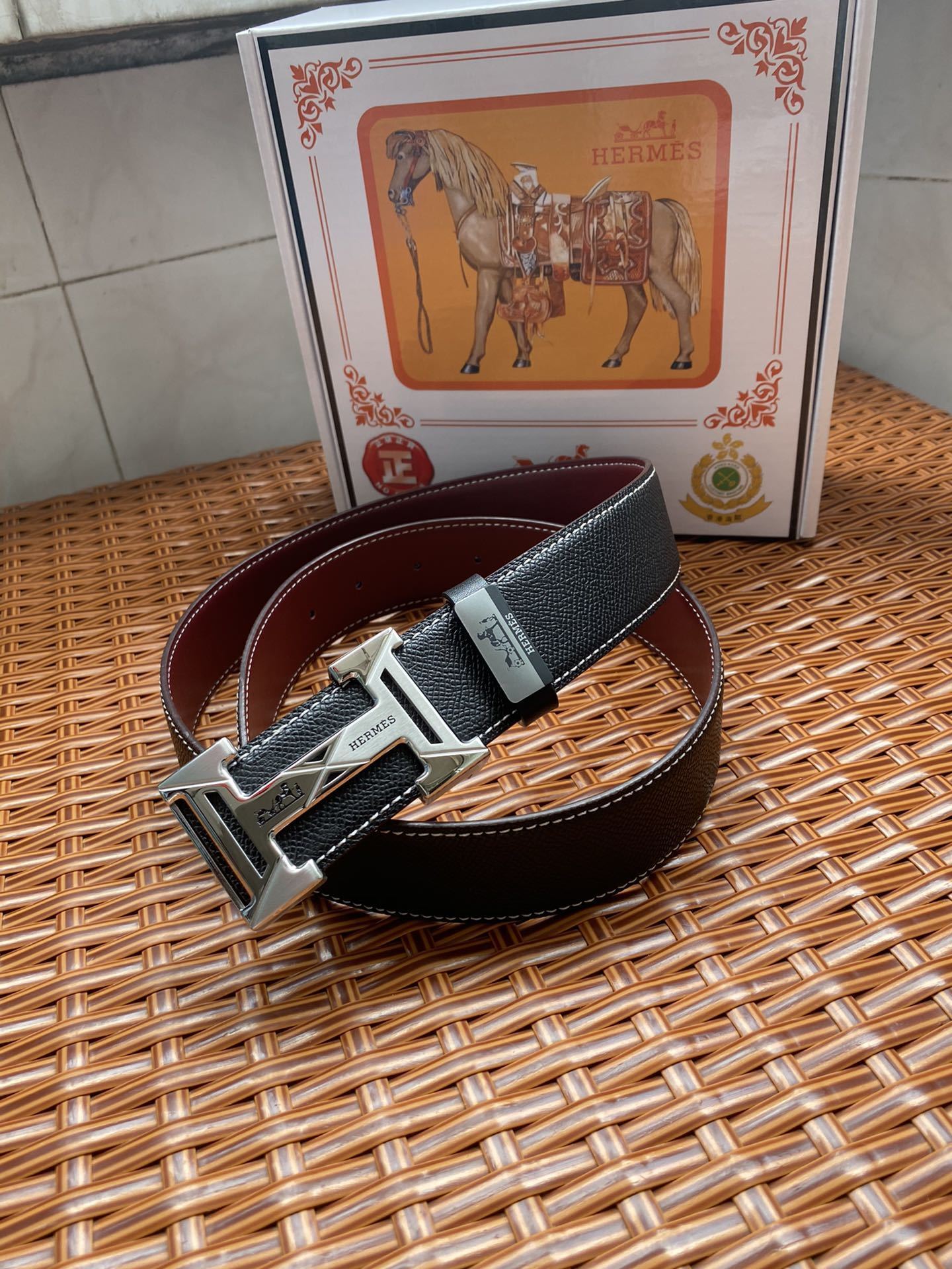 Luxury Men's Black Leather Belt with Silver H Buckle & Gift Box