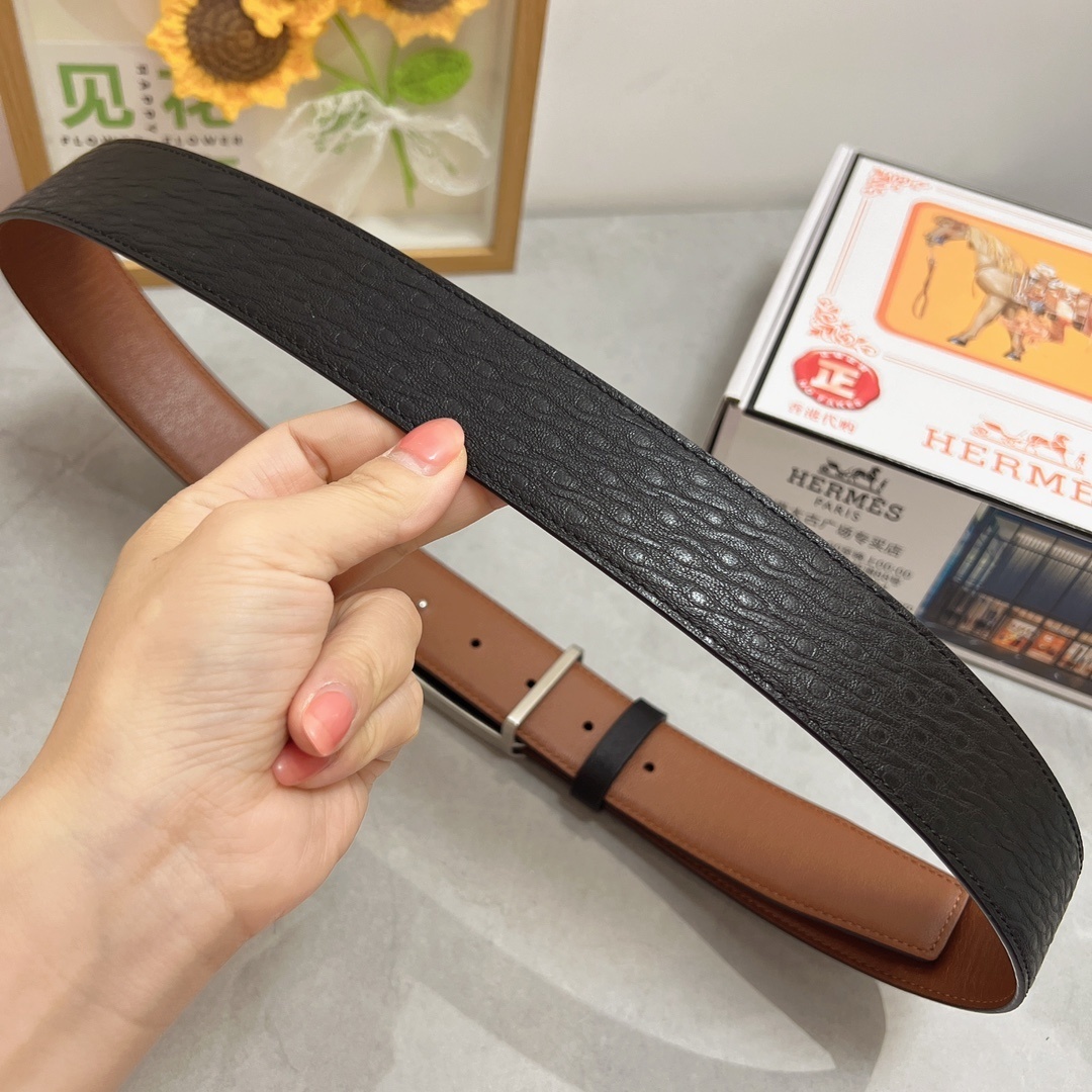 Luxury Men's Genuine Leather Belt with Silver Buckle - Hermès Style