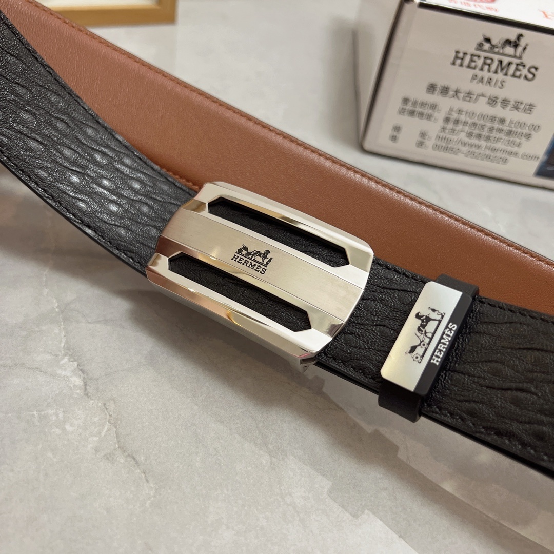 Luxury Men's Genuine Leather Belt with Silver Buckle - Hermès Style