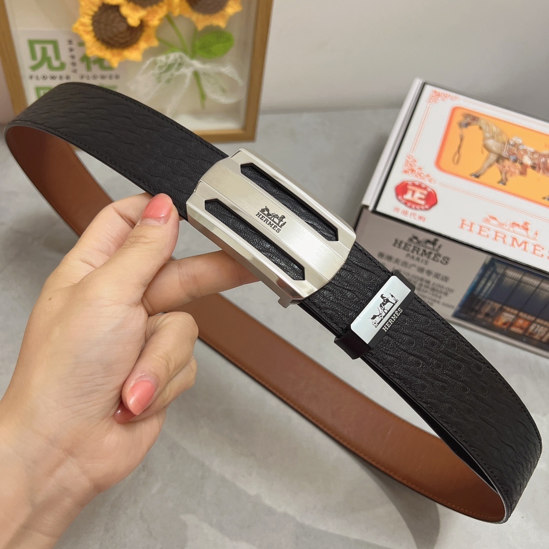 Luxury Men's Genuine Leather Belt with Silver Buckle - Hermès Style