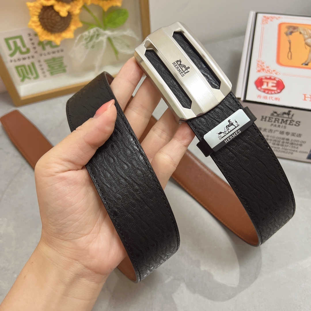 Luxury Men's Genuine Leather Belt with Silver Buckle - Hermès Style