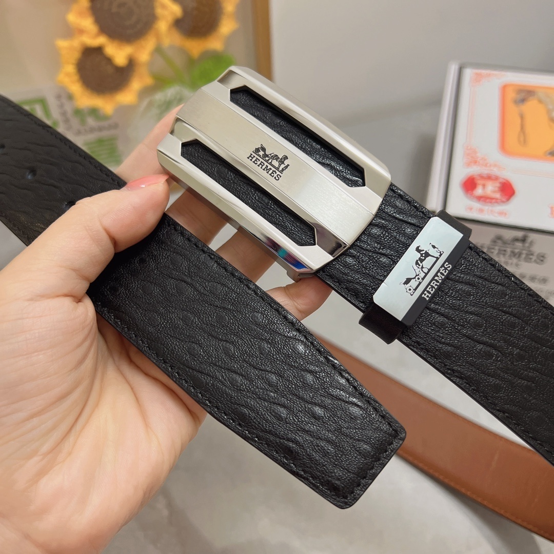 Luxury Men's Genuine Leather Belt with Silver Buckle - Hermès Style