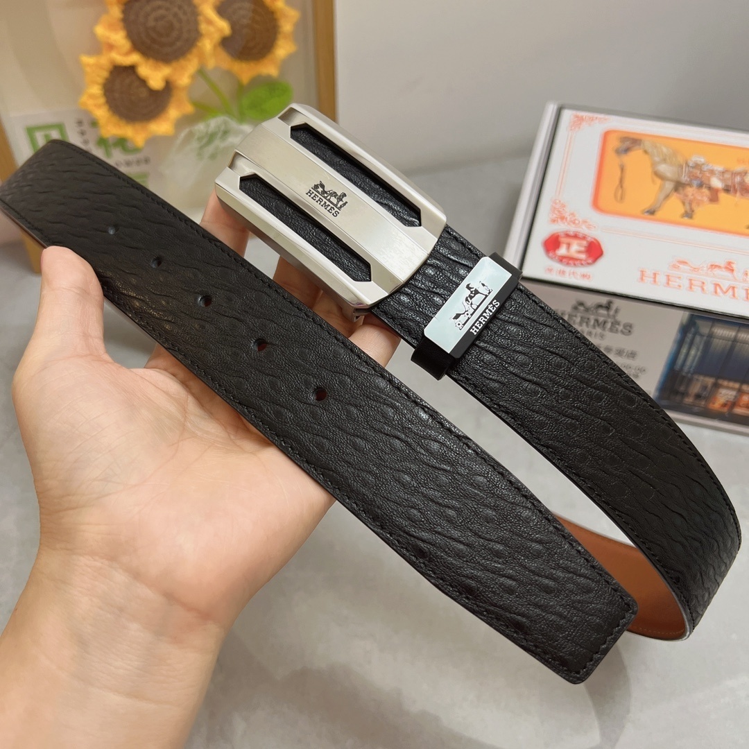 Luxury Men's Genuine Leather Belt with Silver Buckle - Hermès Style