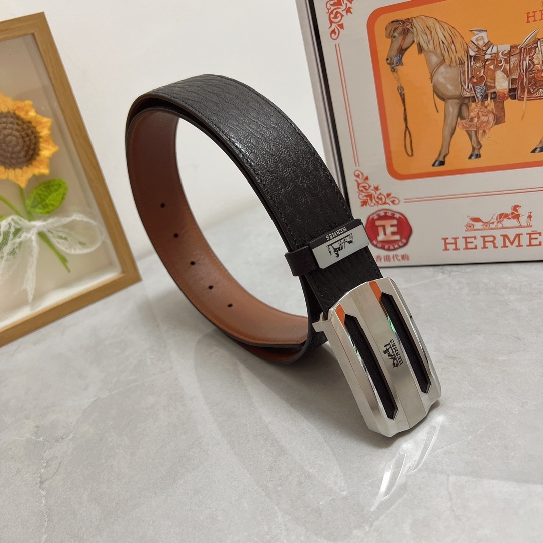 Luxury Men’s Genuine Leather Belt with Silver Buckle – Hermès Style