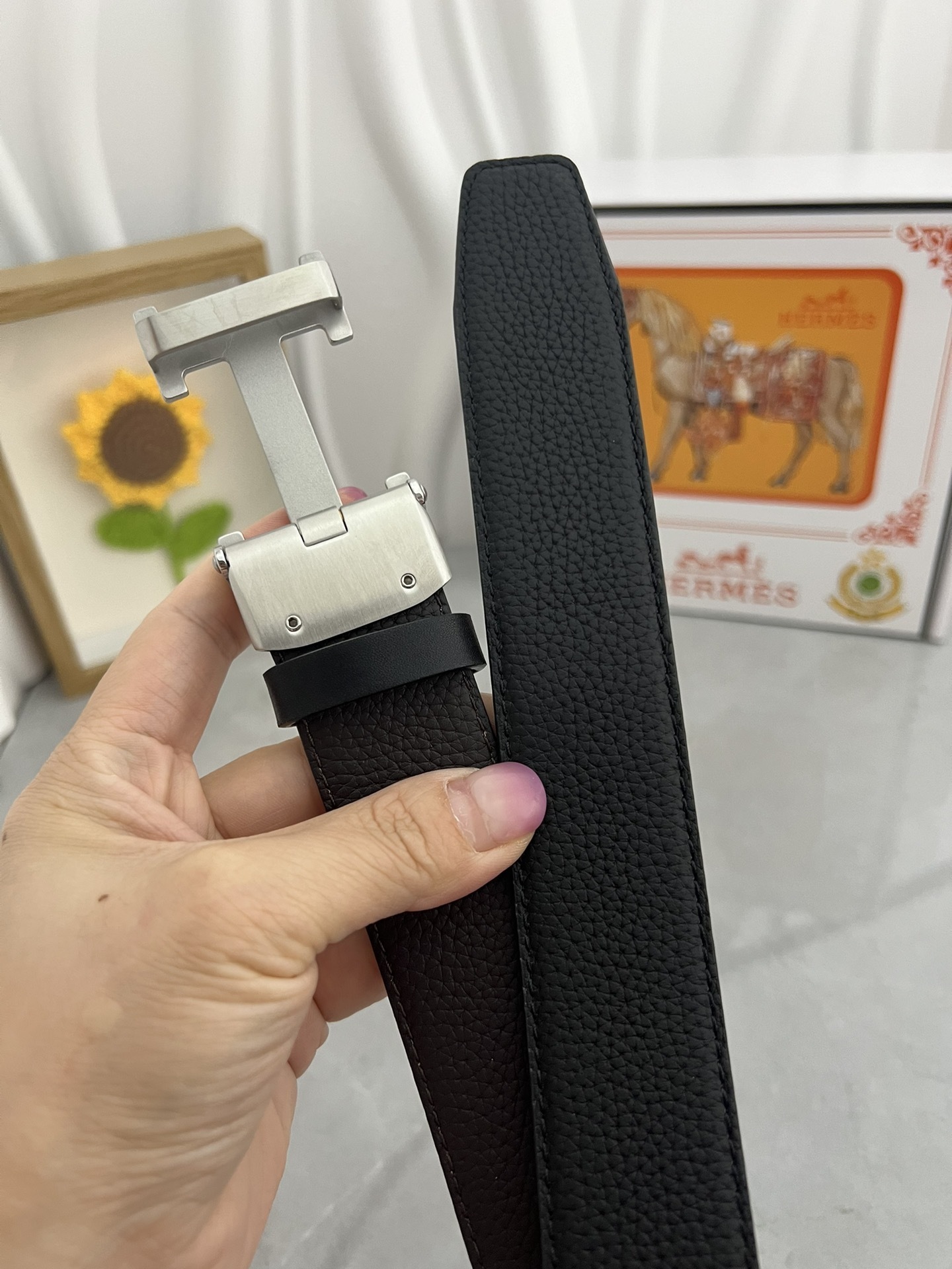 Luxury Hermes Black Pebbled Leather Belt with Silver H Buckle