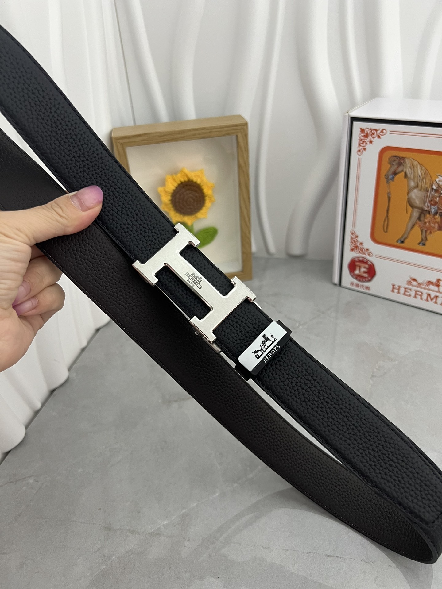 Luxury Hermes Black Pebbled Leather Belt with Silver H Buckle