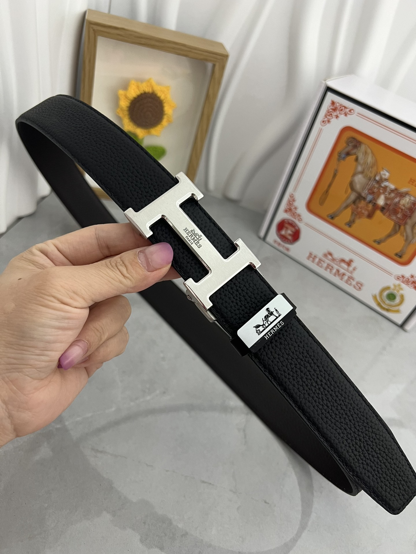 Luxury Hermes Black Pebbled Leather Belt with Silver H Buckle