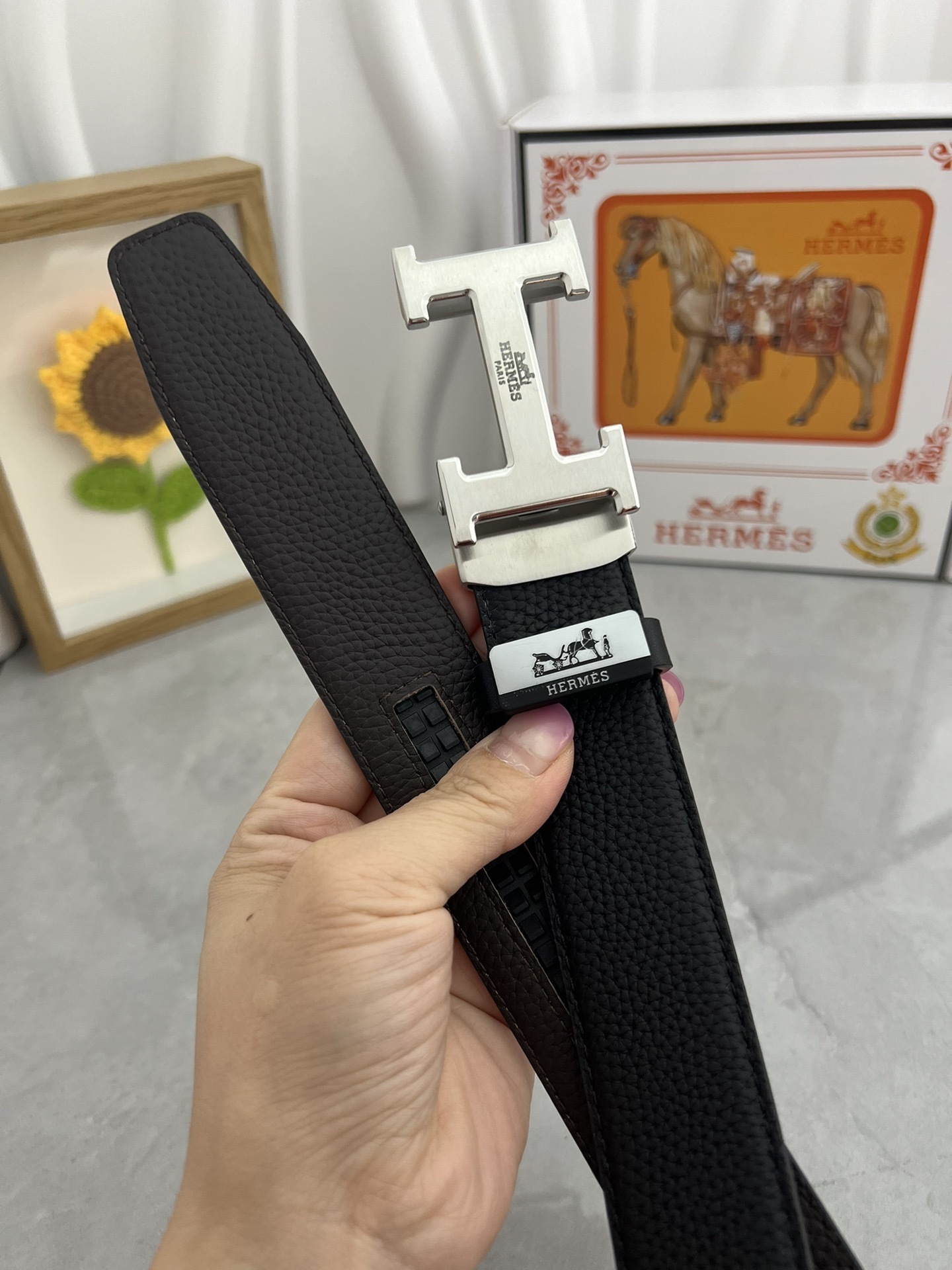 Luxury Hermès Men's Leather Belt with Gold and Silver H Buckles