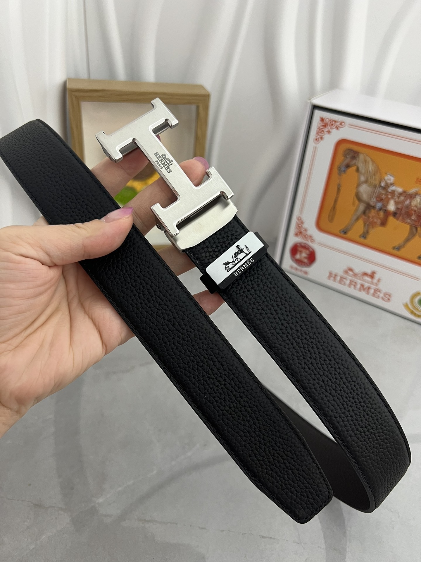Luxury Hermès Men's Leather Belt with Gold and Silver H Buckles
