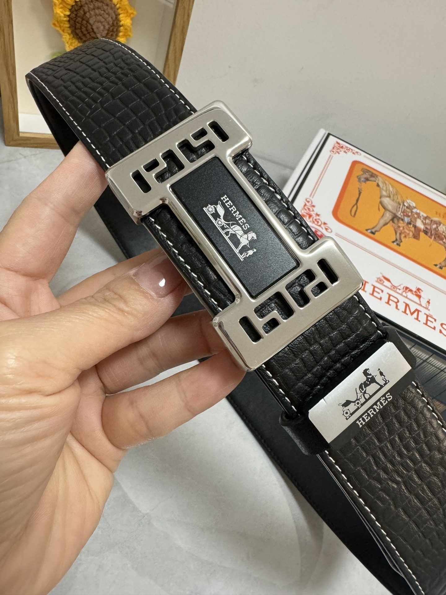 Hermès Luxury Black Croc-Embossed Leather Belt with Silver H Buckle