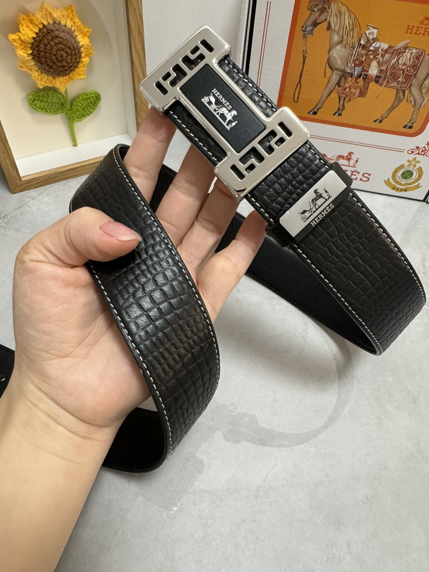 Hermès Luxury Black Croc-Embossed Leather Belt with Silver H Buckle