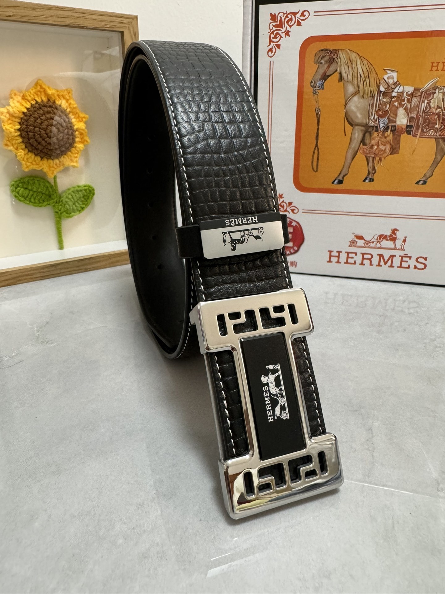 Hermès Luxury Black Croc-Embossed Leather Belt with Silver H Buckle