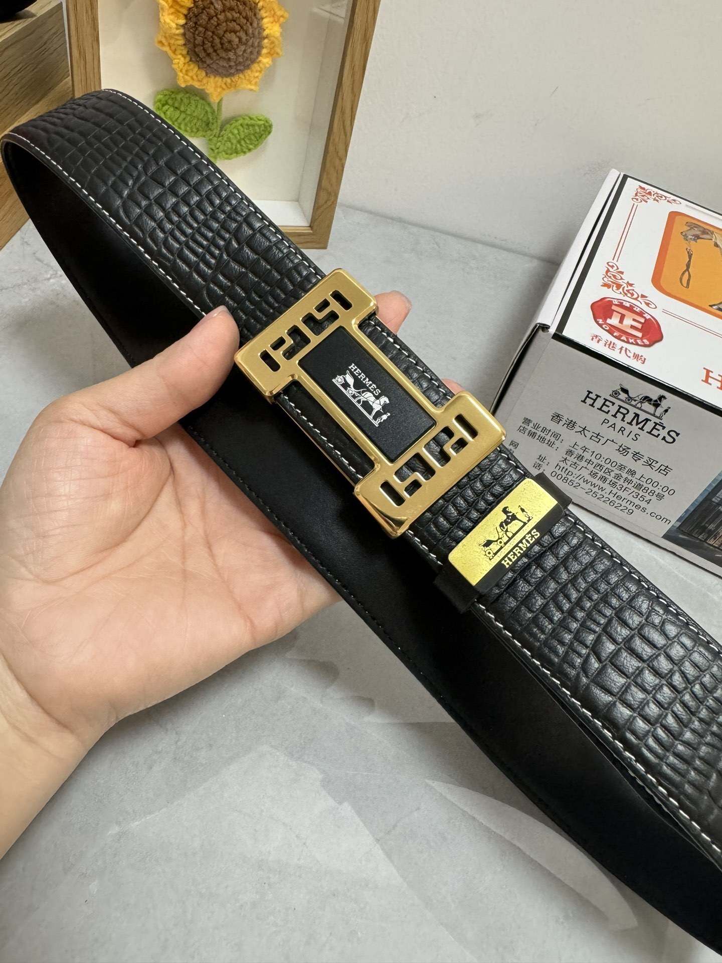 Luxury Hermes Men's Black Croco Leather Belt - Gold H Buckle