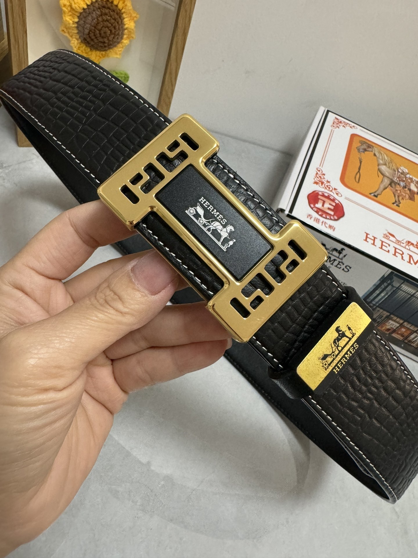 Luxury Hermes Men's Black Croco Leather Belt - Gold H Buckle