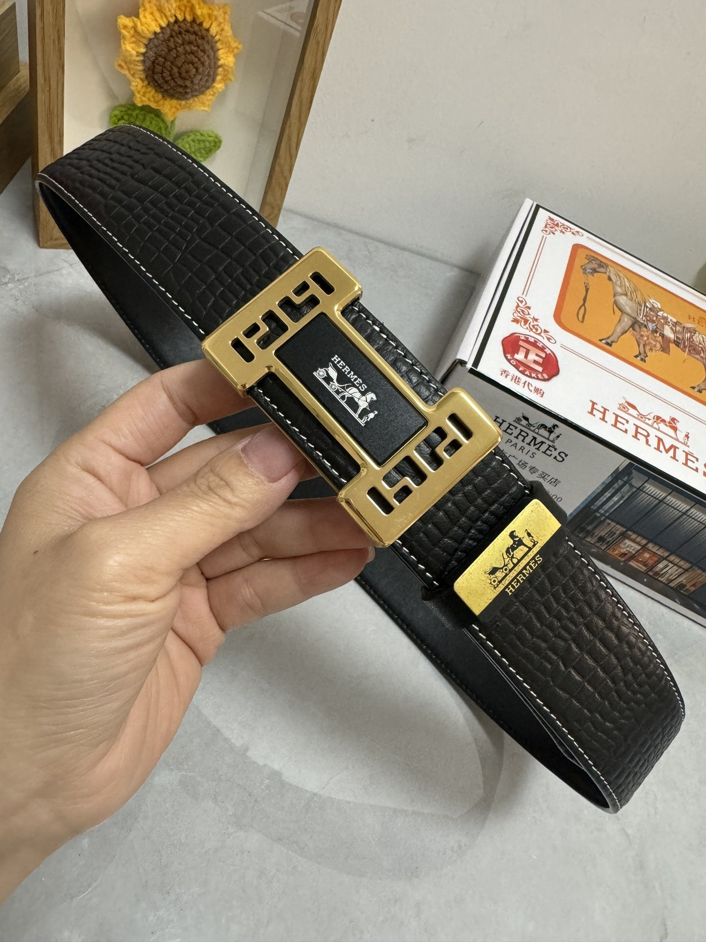 Luxury Hermes Men's Black Croco Leather Belt - Gold H Buckle