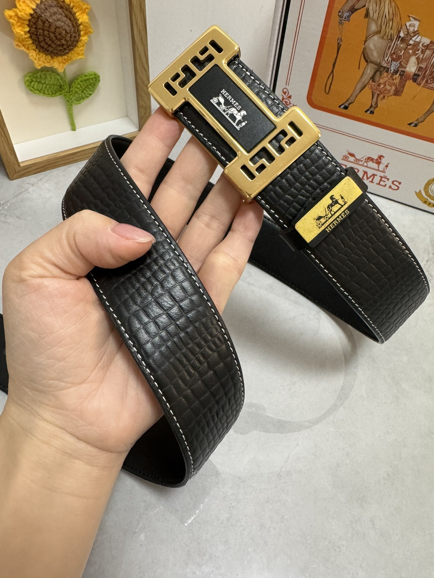 Luxury Hermes Men's Black Croco Leather Belt - Gold H Buckle